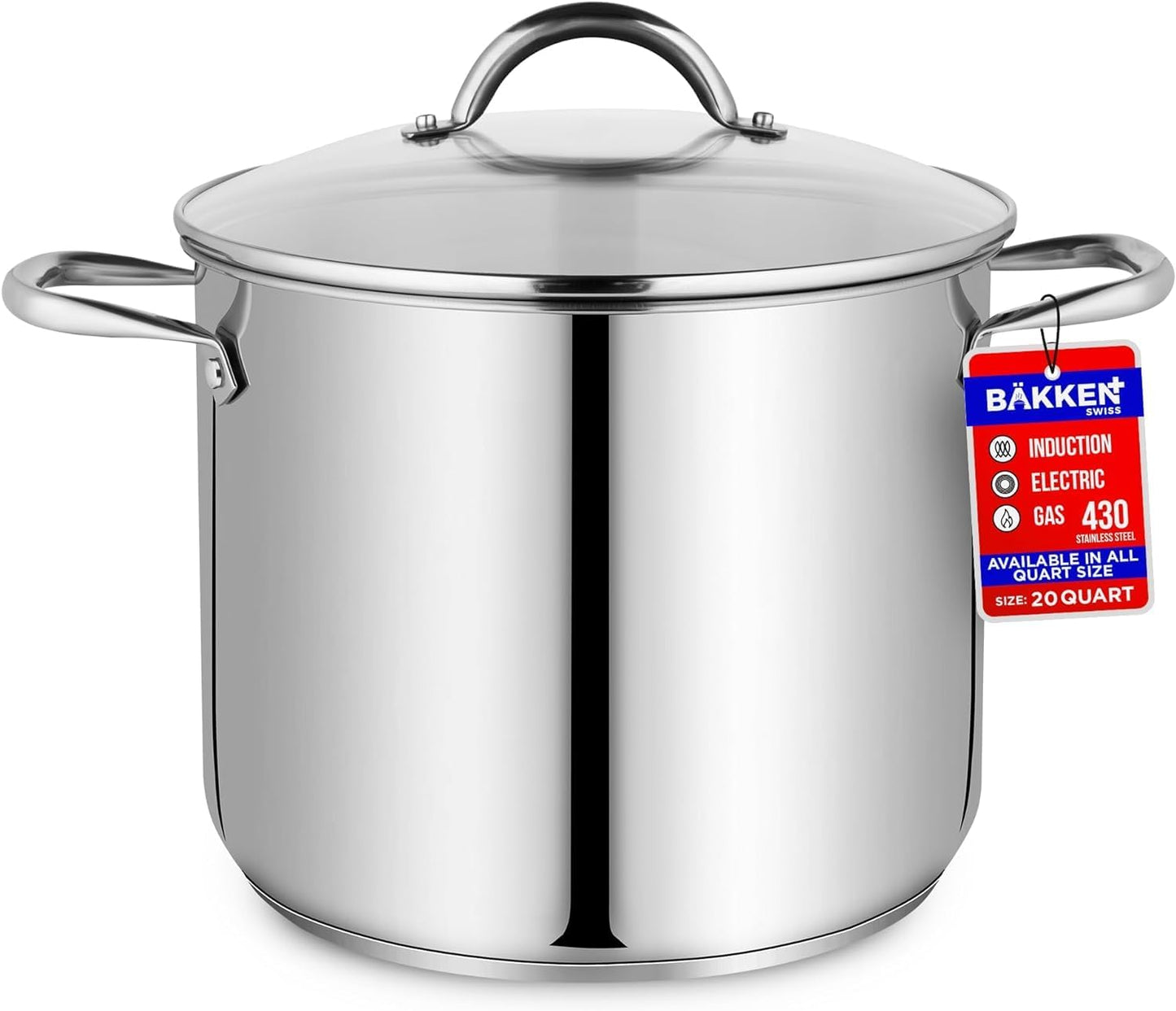 Stainless Steel Stockpot with Tempered Glass Lid 20 Quart, Durable 18\/0 Stainless Steel, Impact-Bonded Base for Even Heating, Riveted Handles, Oven & All Stove Compatible, Safe Up To 500°F (260°C)