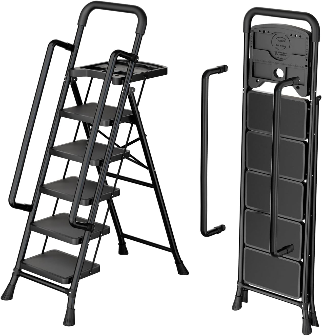 5 Step Ladder with Platform,Step Tool Support 330lbs Load,Folding Step Stool with Detachable Handrail,Wide Pedal,Safety Locking,Portable Stepladders Used for Adult/Painting/Home/Outdoor/Garage