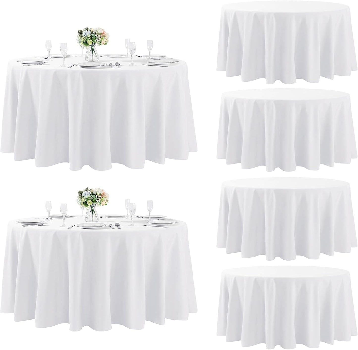 Fokitut 6 Pack Round Tablecloth, 120 Inch, Stain Resistant and Wrinkle Polyester Table Cloth, Fabric Table Cover for Kitchen Dining, Wedding, Party, Holiday Dinner-White