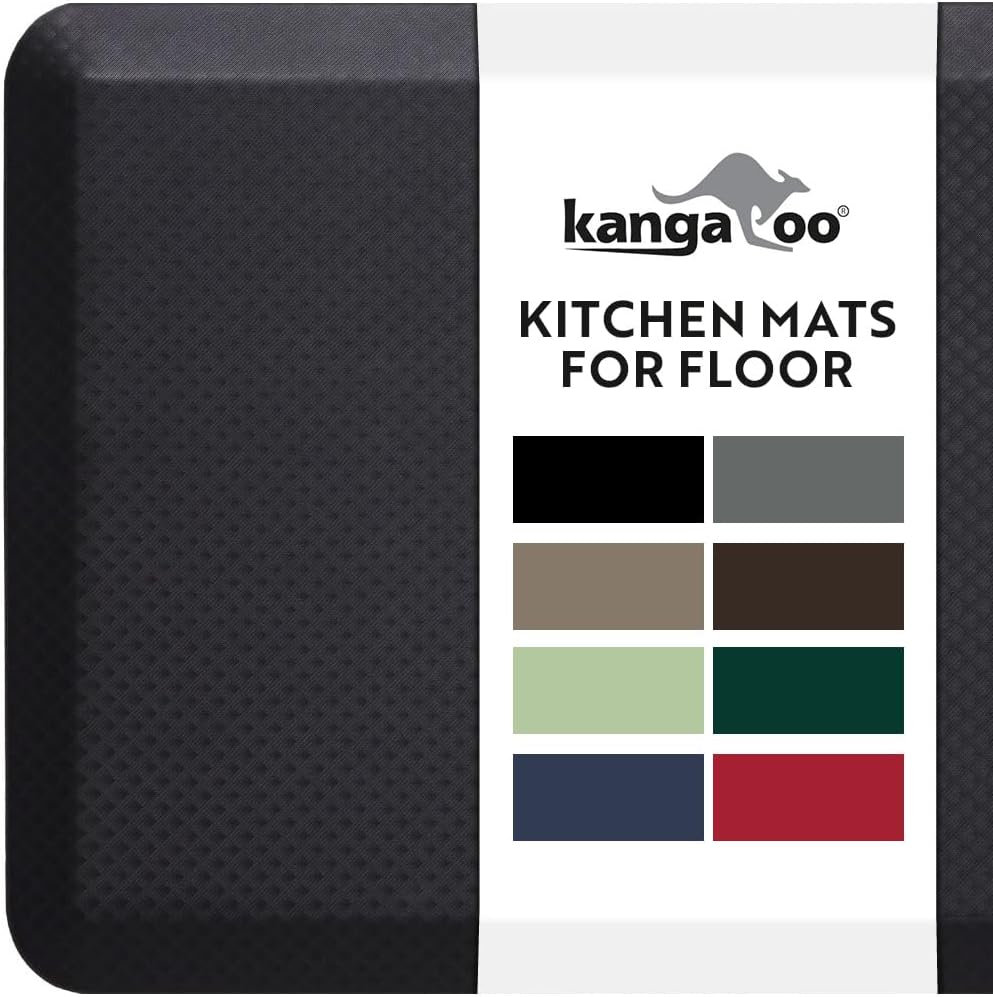 KANGAROO Thick Ergonomic Anti Fatigue Mats for Kitchen Floor, Cushioned Standing Office Desk Mat, Waterproof Scratch Resistant Topside, Supportive All Day Comfort Padded Foam Rugs, 20x32, Black