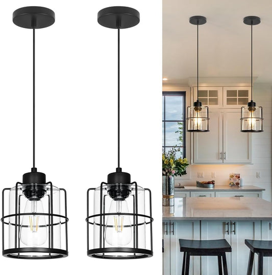 Industrial Black Pendant Lights Kitchen Island, Glass Bathroom Pendant Light Set of 2, Modern Kitchen Pendant Lighting over Island with Adjustable Cord, Farmhouse Hanging Light for Dining Room Hallway