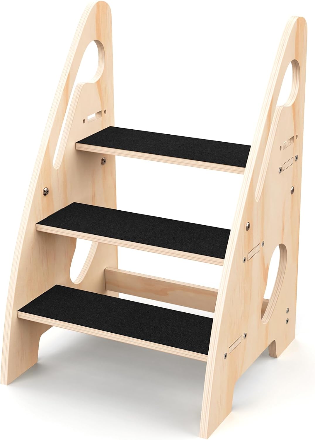 Toddler Step Stool, Wooden Height-Adjustable 3-Step Stool for Kids, Potty Training Stool with Handles and Non-Slip Pads for Bathroom Sink, Kitchen, Bedroom