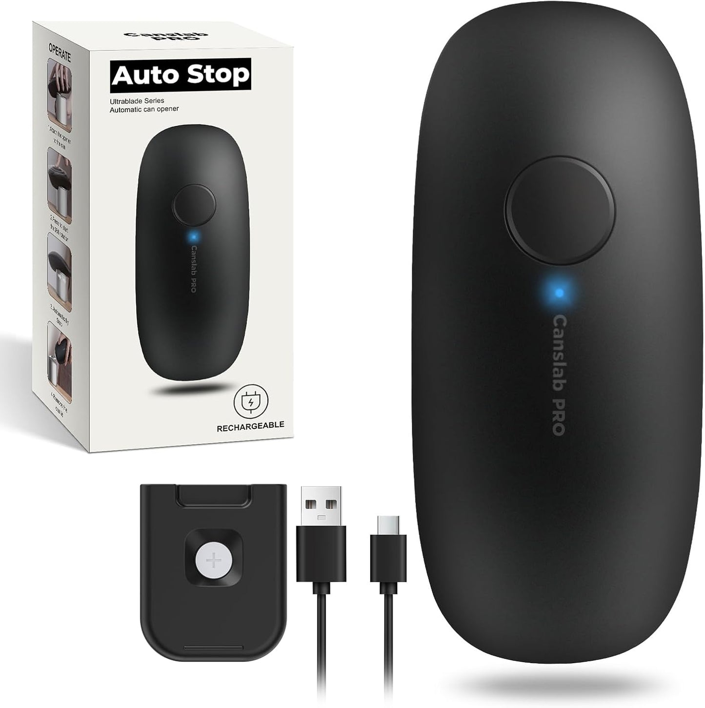 Canslab Ultrablade PRO Auto Stop Can Opener - Rechargeable Electric Can Opener for Kitchen for Seniors with Arthritis - One Touch Side Cut Opener, Smooth Edge, Handfree, Wall Mounted Small Size, Black