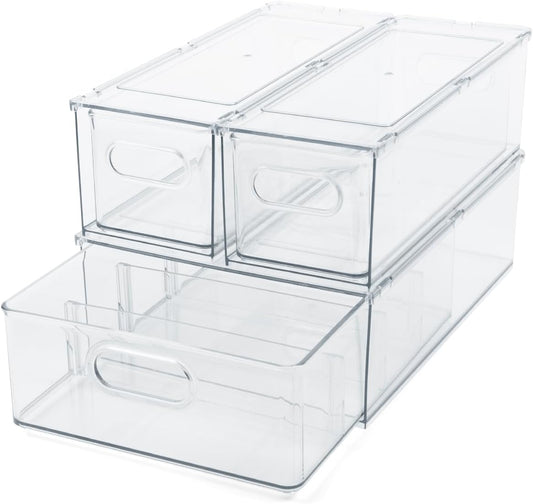 Clear Refrigerator Organizer Bins For Pantry Organization and Food Storage, Stackable Plastic Storage Bin With Pull-Out Drawer – Kitchen Containers, 3 Pack