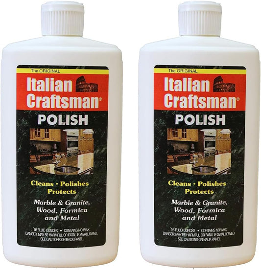Granite & Mable Polish - Cleans & Protects - Italian Craftsman Made in The USA - Pack of 2 16 Oz ea - Multi-Surface Kitchen & Bathroom Cleaner Polishes Wood Formica Metals Cleans Furniture Sinks