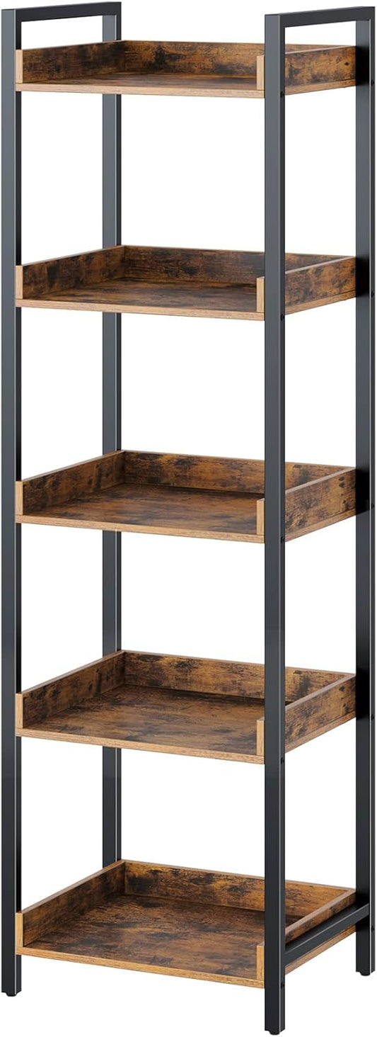 Rolanstar Bookshelf, 5-Tier Storage Rack, Narrow Corner Bookshelf, Display Wooden Shelves for Living Room, Bathroom, Balcony, Kitchen,Rustic Brown