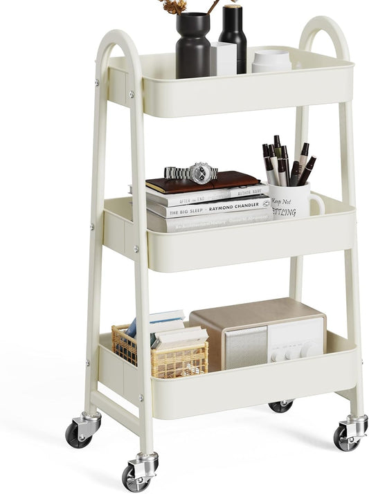 OLIXIS 3 Tier Utility Rolling Cart, Metal Mobile Storage Shelf with Lockable Caster Wheels, Organization for Livingroom, Bathroom, Kitchen, & Narrow Places, White