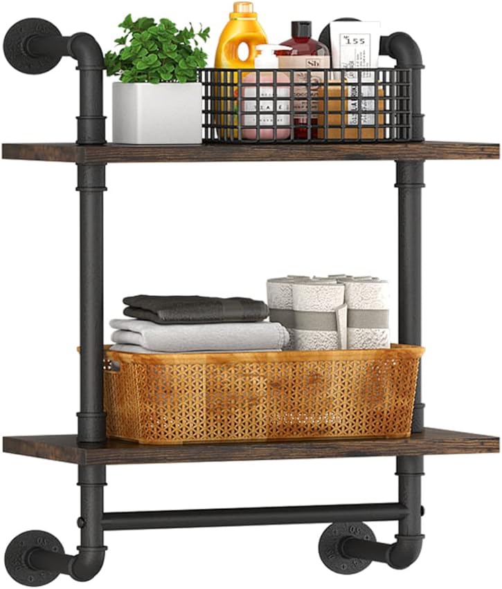 Helsin Industrial Pipe Floating Bathroom Shelves Wall Mounted with Towel bar, 2 Tier Rustic Wood Wall Shelf, 16inch Metal Towel Rack Storage Bookshelf for Bathroom, Kitchen, Farmhouse, Living Room