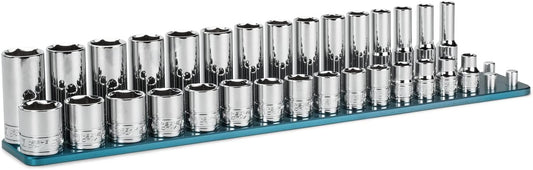 Capri Tools 3\/8 in. Drive Master Chrome Socket Set, 6-Point, 8 to 22 mm, Shallow and Deep with Billet Aluminum Rail