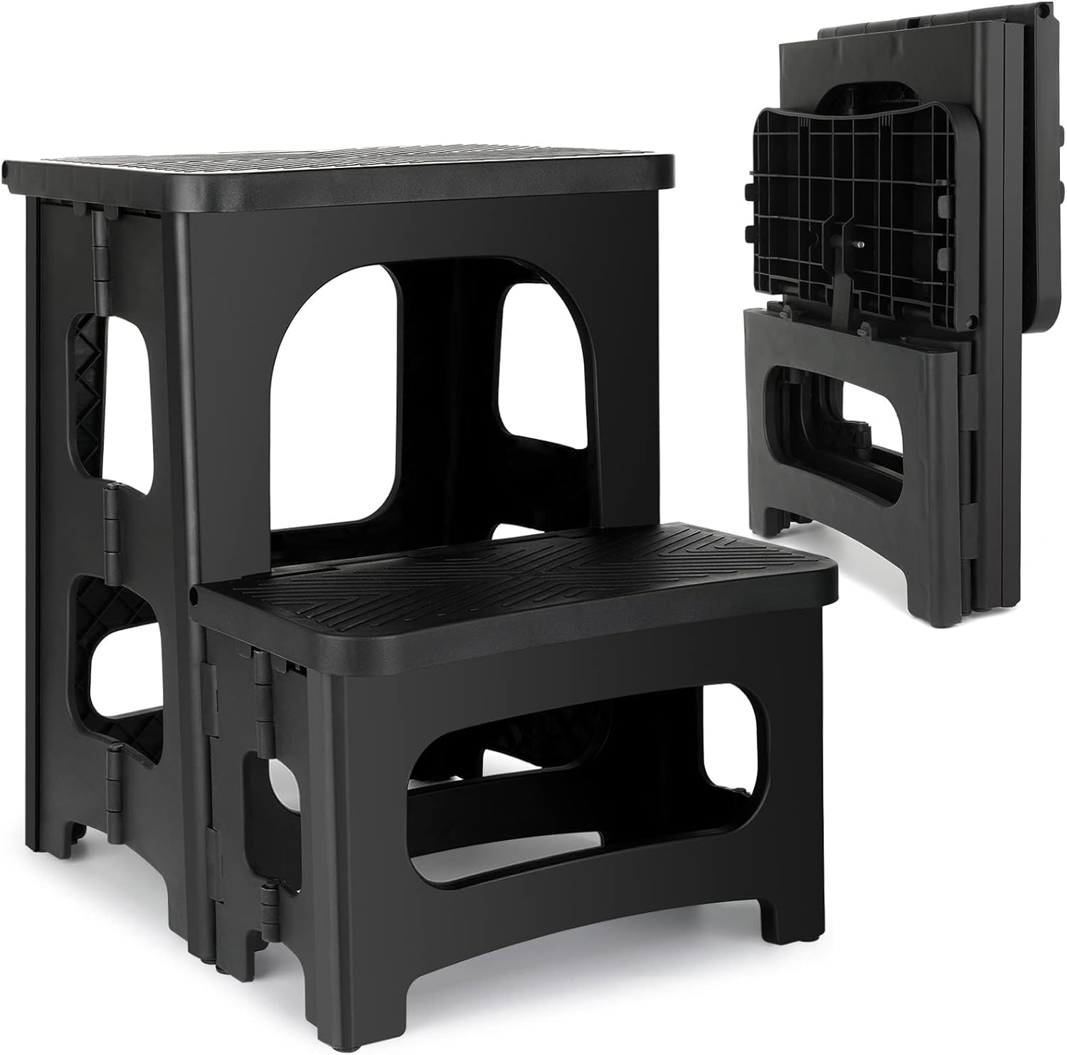 AMOISE Amoise Folding 2-Step Stool, Non-Slip Portable Footstool 8'' & 17'' Dual Heights, Holds 300 lbs, Portable Footstool for Kitchen Home Toilet Bedroom Office Bathroom RV(Black)