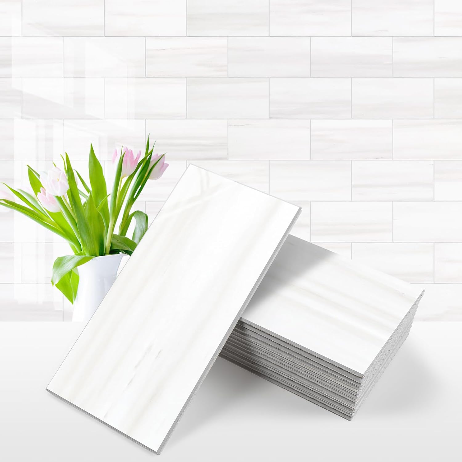 Vamos Tile 100-Piece Glossy Dolomite White Peel and Stick Backsplash Tile,3''x6'' PVC Subway Tile with White Grout, Stick on Backsplash for Kitchen\/Bathroom\/Fireplace