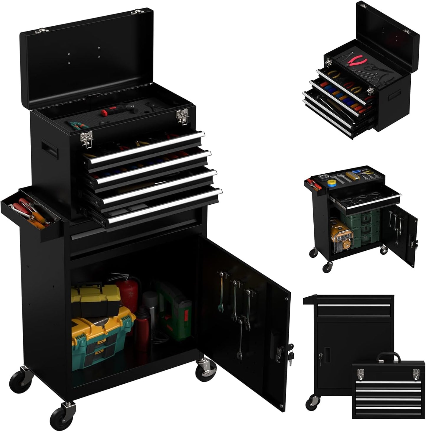 DUSACOM 5 Drawer Rolling Tool Chest with Drawers-Lockable Metal Toolbox on Wheels-Detachable Top Tool Storage & Rolling Tool Cart for Garage Workshop,Repair Room(Black)