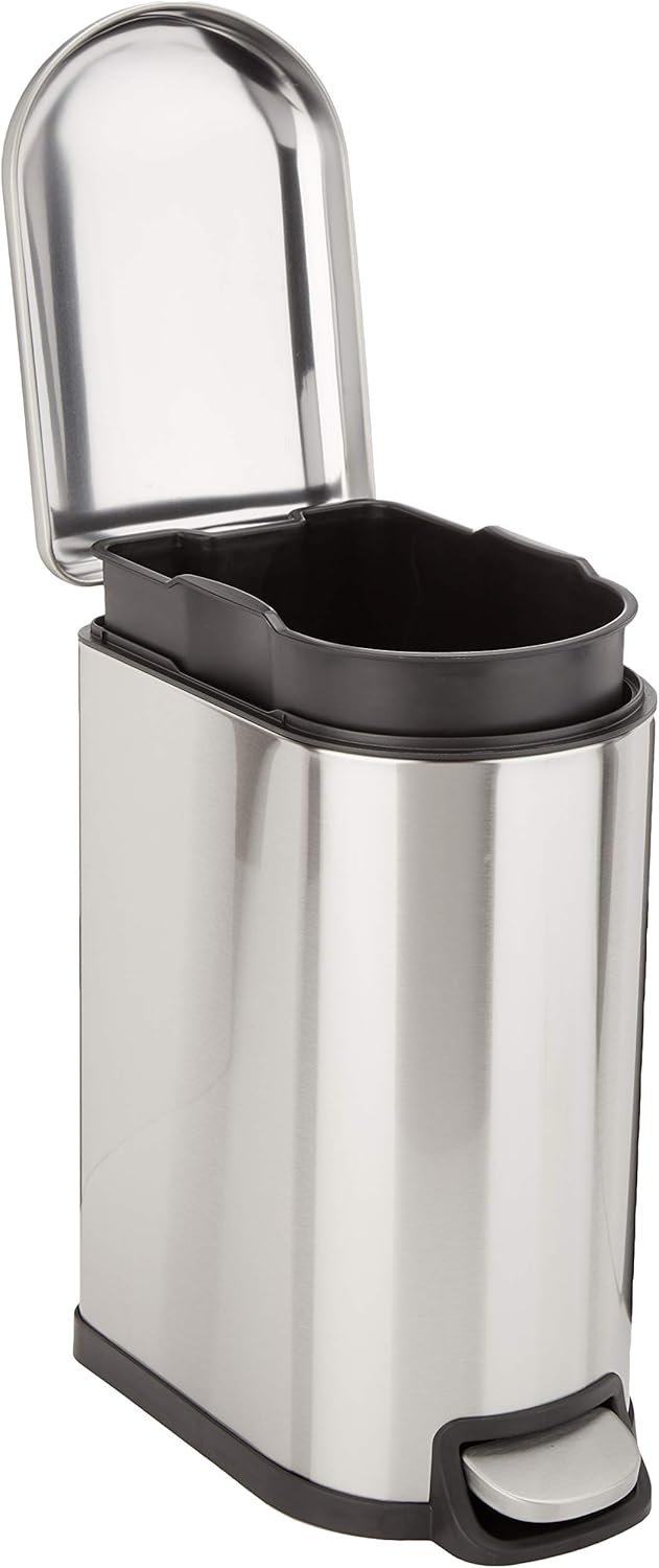 Amazon Basics D-Shaped Small Trash Can with Lid and Soft-Close Foot Pedal for Bathroom, Bedroom, Living Room, Office, Smudge Resistant, 10 l \/ 2.6 gallon, Silver