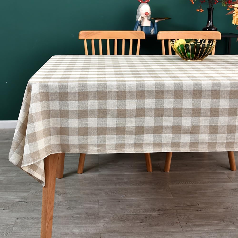 Yofori Gingham Tablecloth Rectangle Table Cloth Heavy Duty Cotton Checkered Table Cover for Spring Picnic Kitchen Dining(C-Beige, 52x120 inch)
