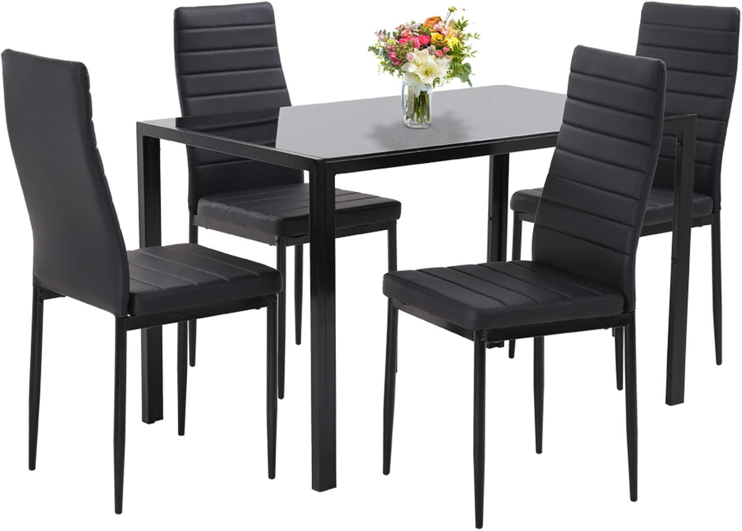 PayLessHere Dining Room Table Set 5-Piece Kitchen with 4 Faux Leather Metal Frame Chairs Rectangular Modern for Small Spaces w\/Glass Tabletop Kitchen Table and Chairs, Black Glass
