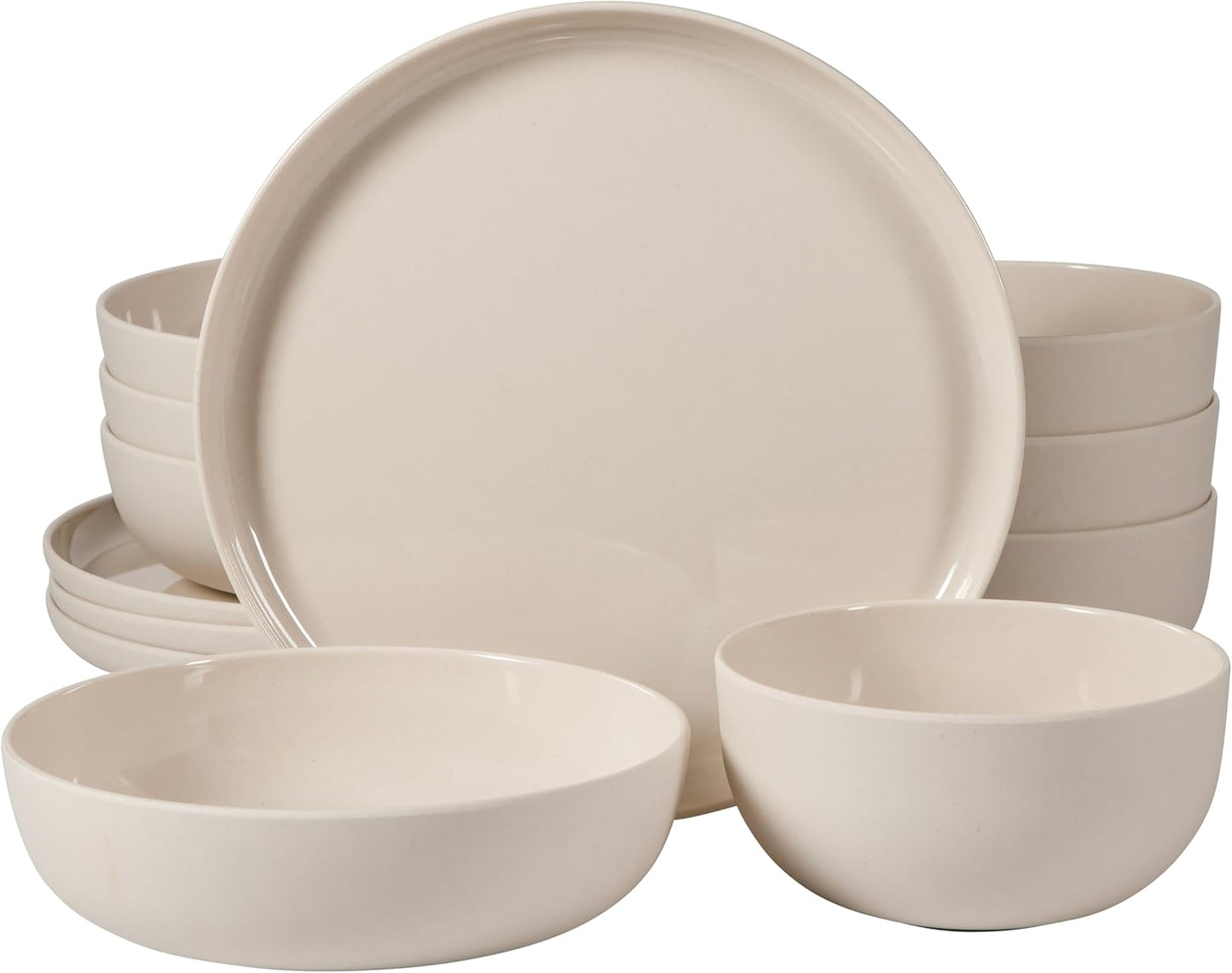 Gibson Home Candy Skies 12 Piece Unbreakable Wheat Straw Melamine Plates and Bowls Dinnerware Set - Outdoor, Camping, & Everyday Use - Matte Exterior\/Shiny Interior Taupe Cream