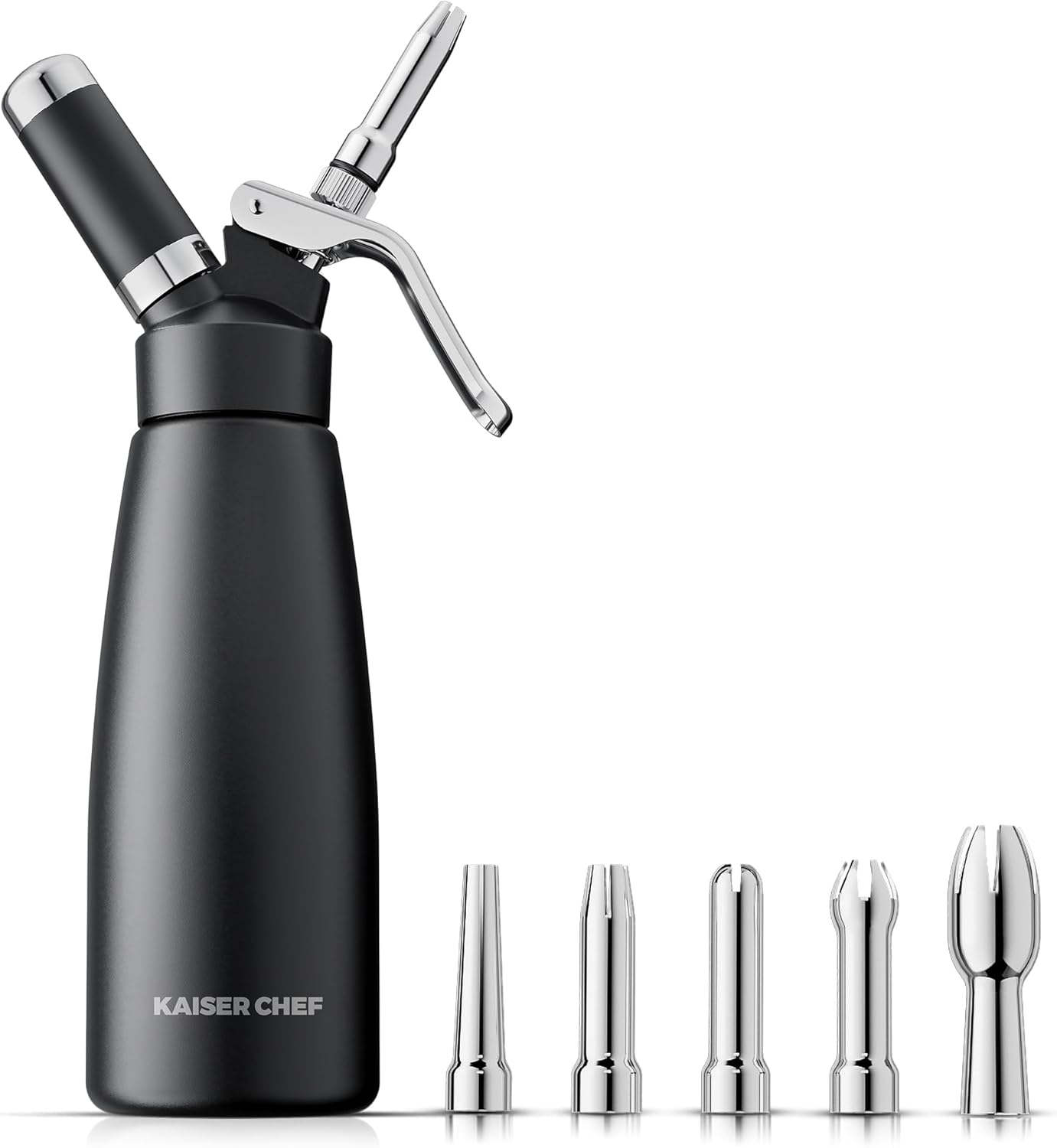 Professional Aluminum Whipped Cream Dispenser - 500 mL\/1 Pint,Leak-Free Whipped Cream Maker Canister with 5 Decorating Nozzles & Cleaning Brush - N2O Chargers (Not Included) (Black, 500ml)