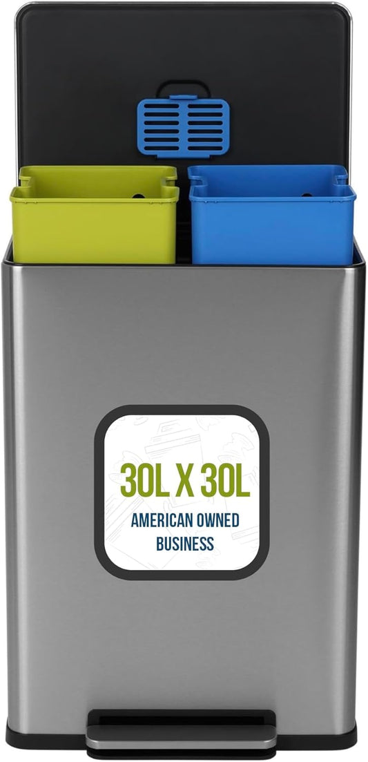 Simpli-Magic 16 Gallon (60L) Step Trash Can \u2013 Dual Compartment Kitchen Garbage Can \u2013 Waste & Recycling Bins, Slow-Close Lid, Odor Control, Hands-Free, Easy to Clean, Infinity Edge Stainless Steel