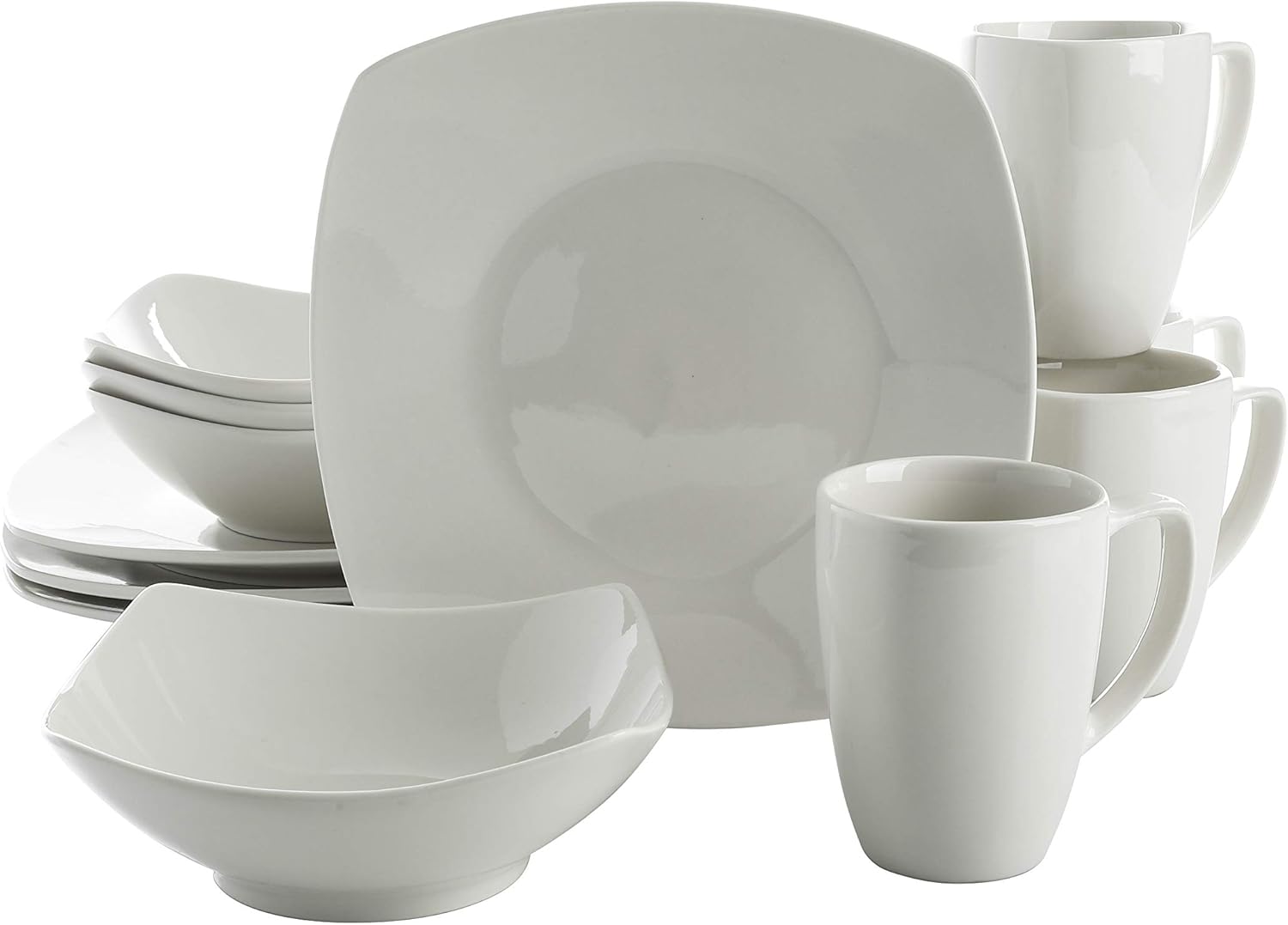 Gibson Home Amelia Court Porcelain Chip and Scratch Resistant Dinnerware set, Service for 4 (12pcs), White (Soft Square)