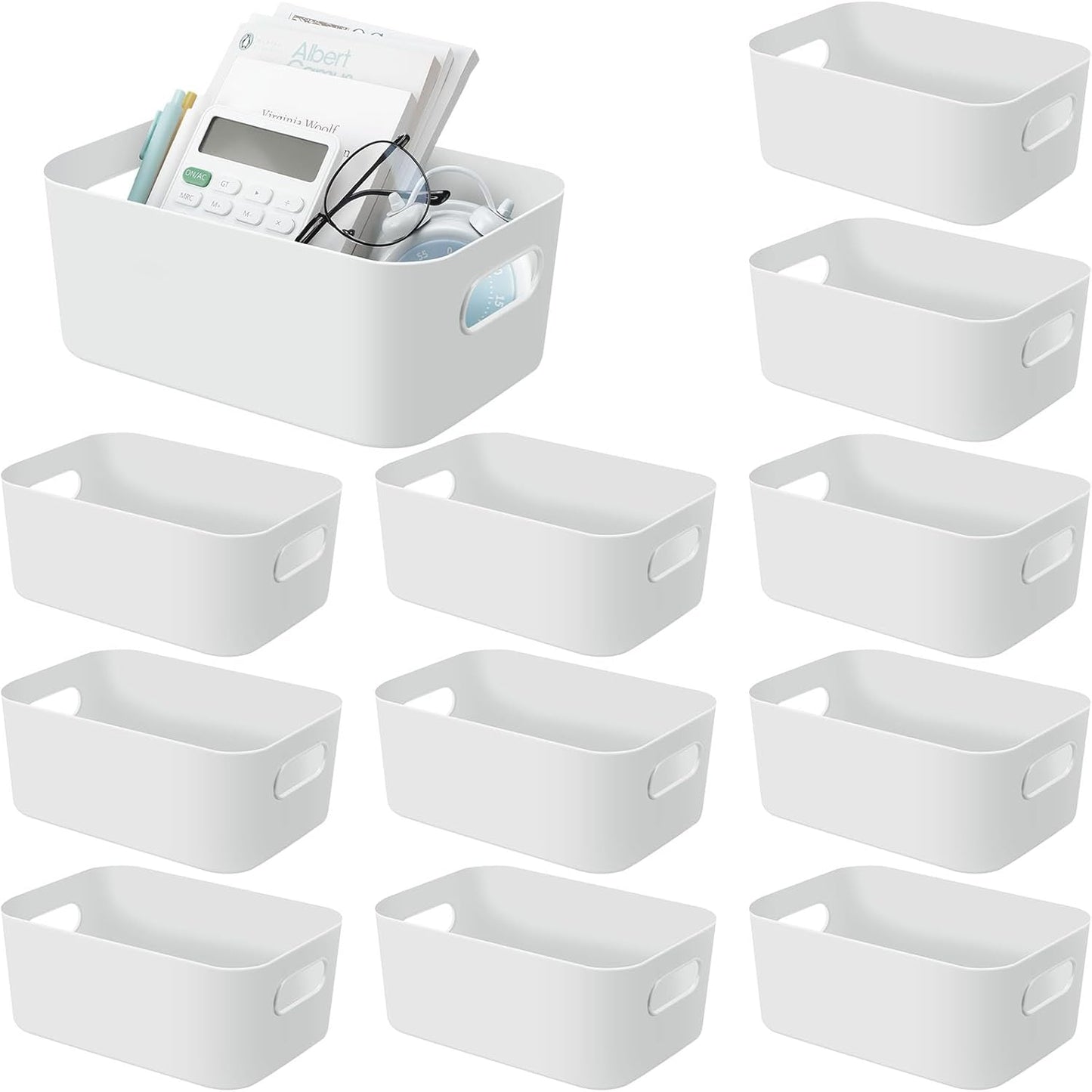 Geetery 12 Pieces Plastic Storage Bins Basket with Handles Toy Organizers and Storage Bins for Home Cupboard Kitchen Bathroom Office Pantry Organization(9.6 X 6.3 X 3.9 Inch,White)