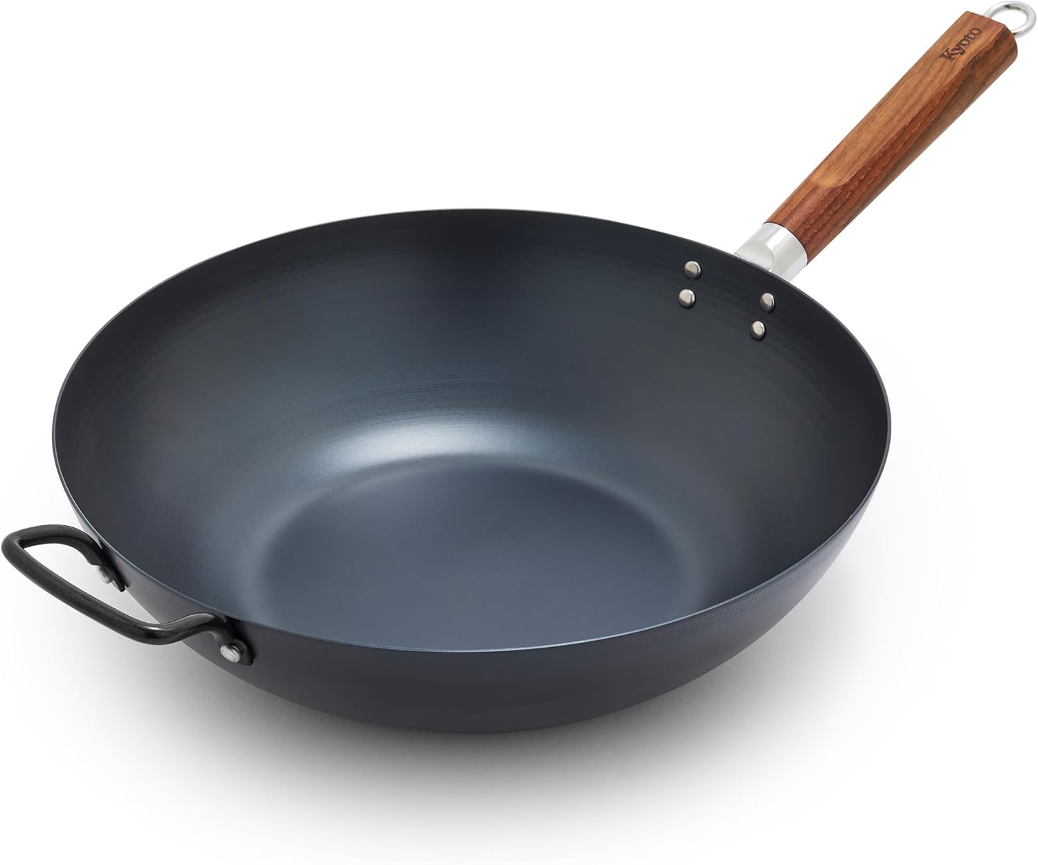 GreenPan Carbon Steel Wok 14\u201D, Flat Bottom, Durable Stir-Fry Pan, Pre-Seasoned Nonstick Patina, High Heat Retention, Induction, Ash Wood Handle, Kyoto, Black