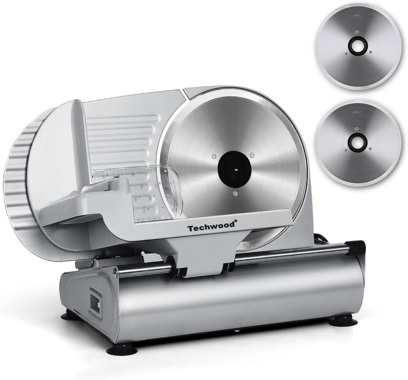 Meat Slicer, Techwood Electric Deil Food Slicer with Removable 9\u201D Stainless Steel Blade, Deli Cheese Fruit Vegetable Bread Cutter with Adjustable Knob for Thickness, Food Carriage & Non-Slip Feet