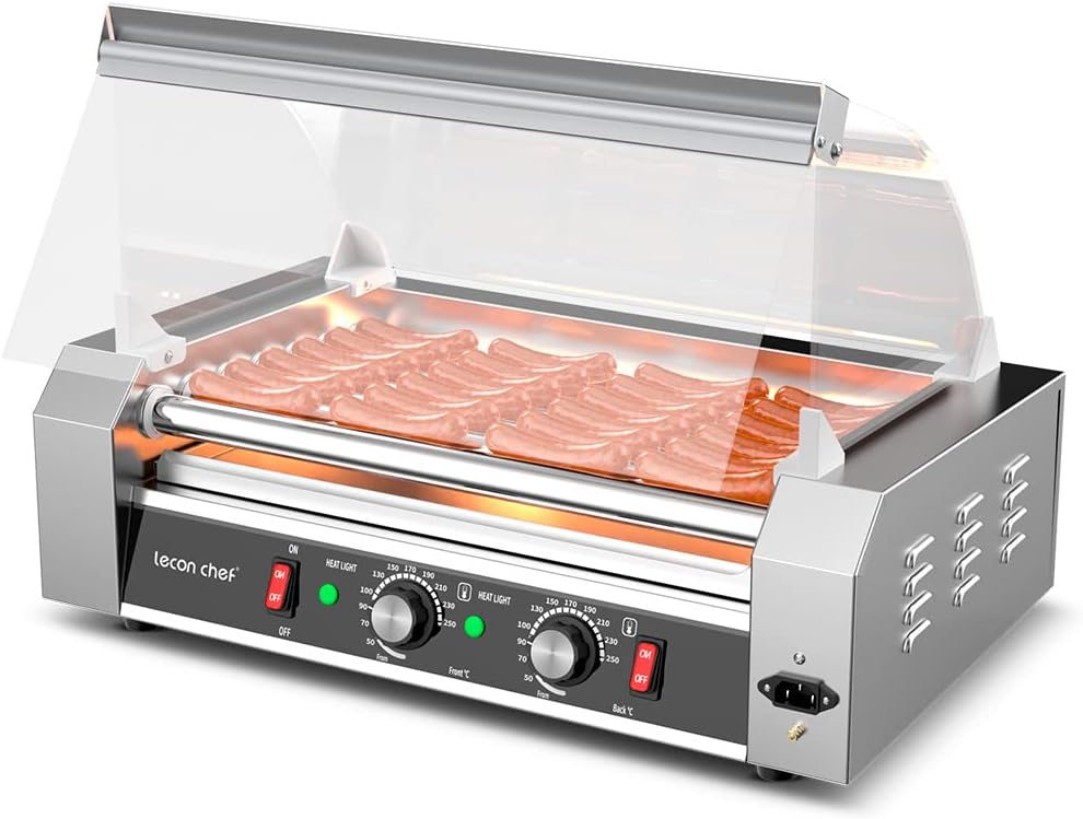 Leconchef Hot Dog Roller Machine Commercial Electric 7 Roller Grill Hot Dog Warmer Cooker Machine Stainless Steel with Dual Temp Control, Detachable Glass Cover & LED