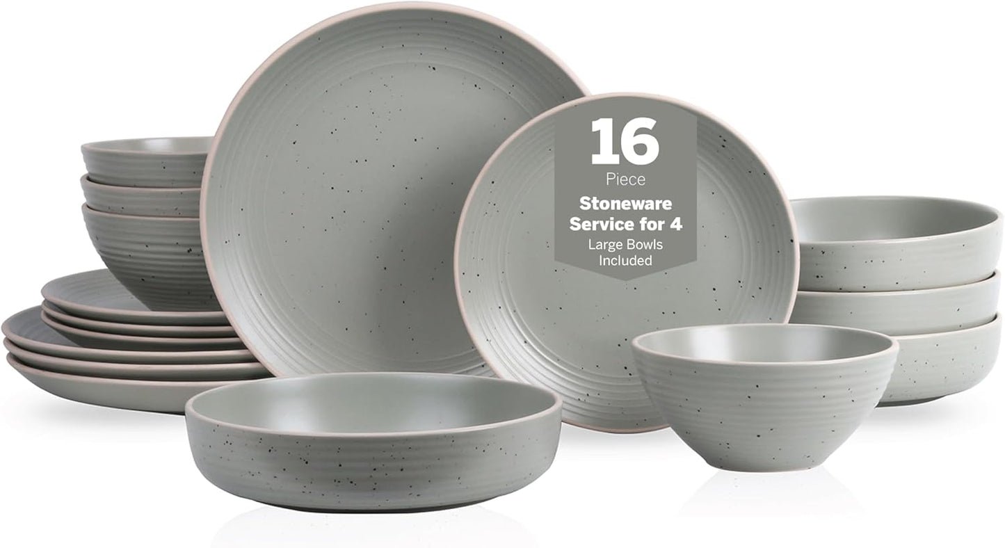 Stone Lain Lauren Stoneware, Rustic Plates and Bowls Set, Dinnerware, Service for 4, Speckled Green, Dishwasher & Microwave Safe, 16-Piece