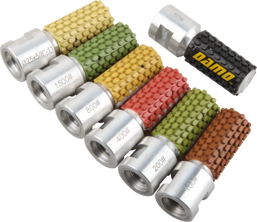 DAMO 1” Wet Diamond Polishing Drum Wheels, Set of 7 - for Granite, Marble, and Concrete Undermount Sinks and Countertops