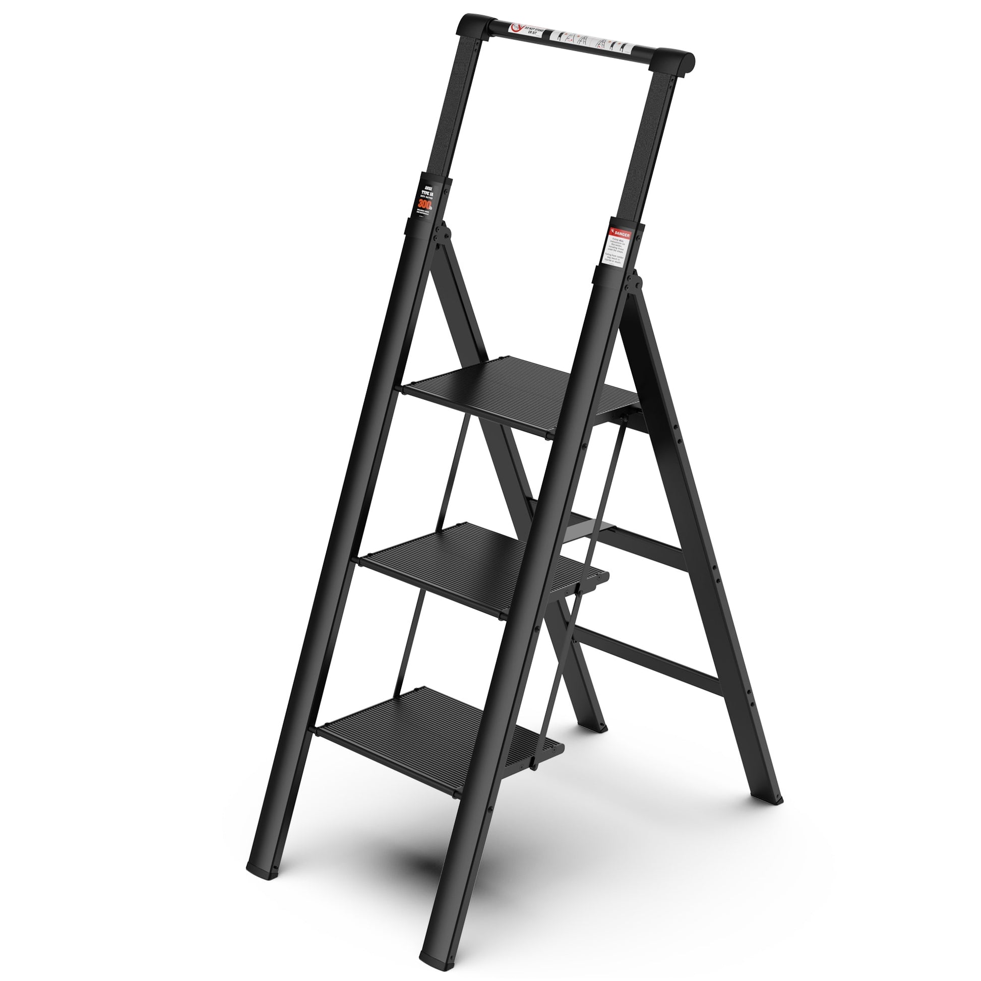Maocao Hoom 3 Step Ladder 3-Step 300-lb Capacity Black Aluminum Foldable Step Stool YCBH355905