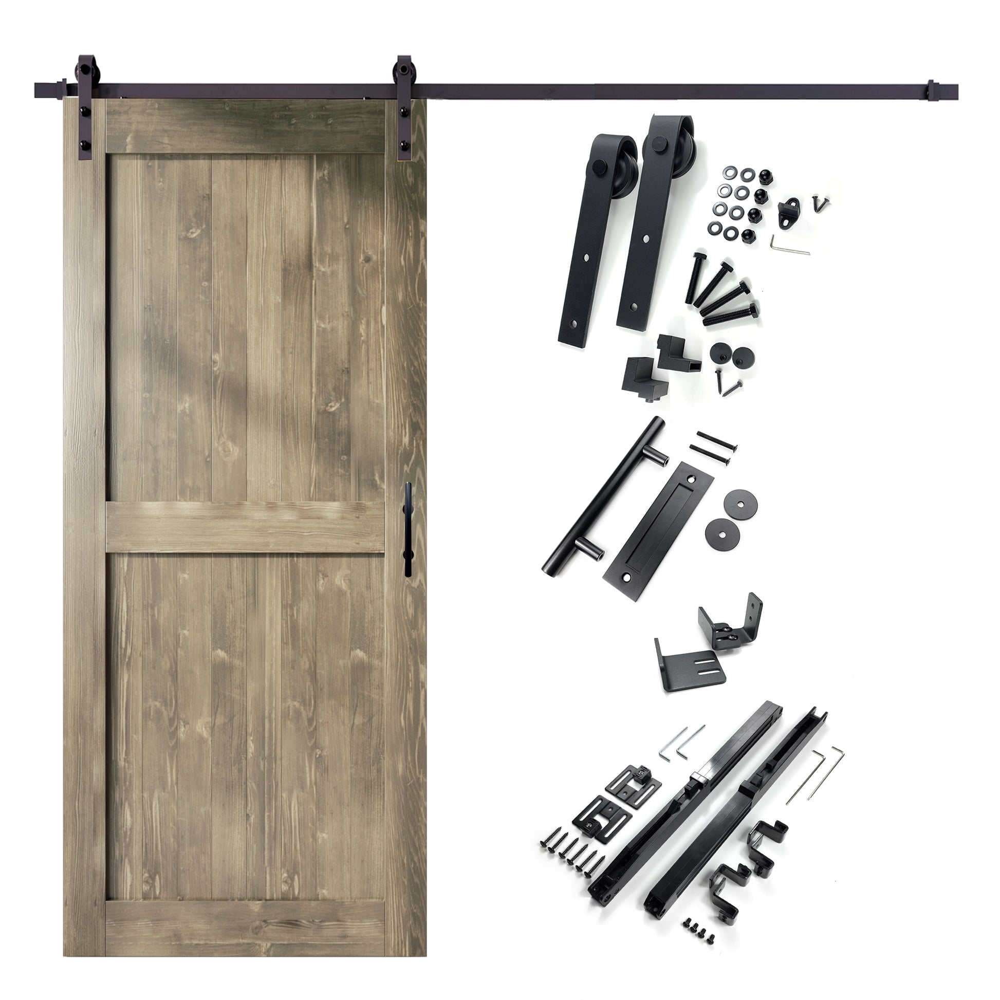 HOMACER 60-in x 84-in Classic Gray Mid-Bar Pine Wood Solid core Single Barn Door (Hardware Included)