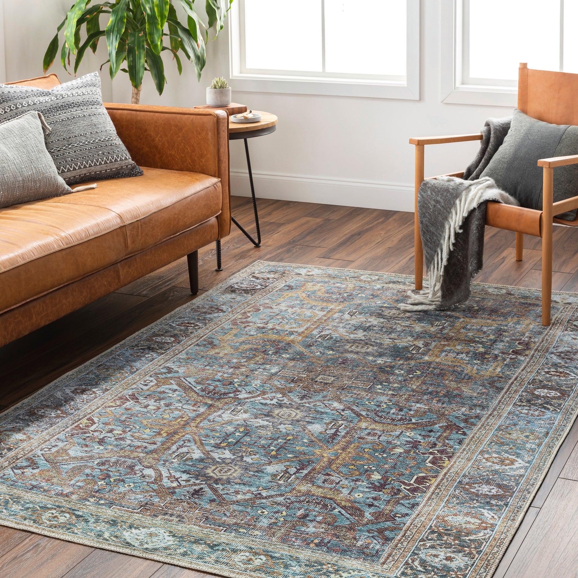 Livabliss Kemer 7 x 9 (ft) Flatweave Blue/Camel Rectangular Indoor Medallion Vintage Machine washable Pet Friendly Area rug