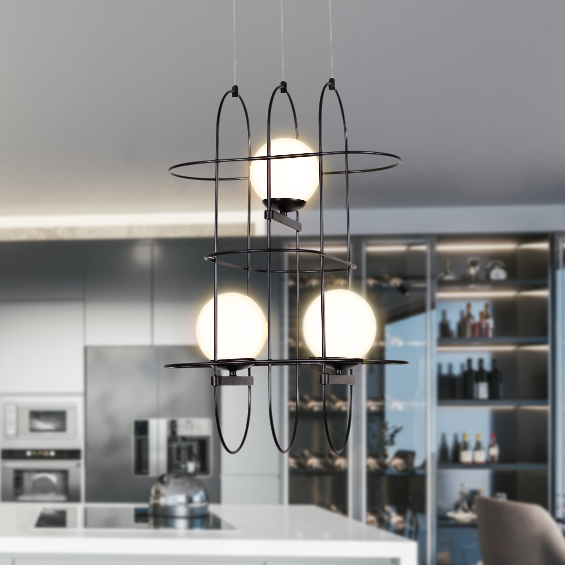 VONN Lighting Lyra 3 -Light Matte Black LED Cage Opal glass Aluminum Chandelier