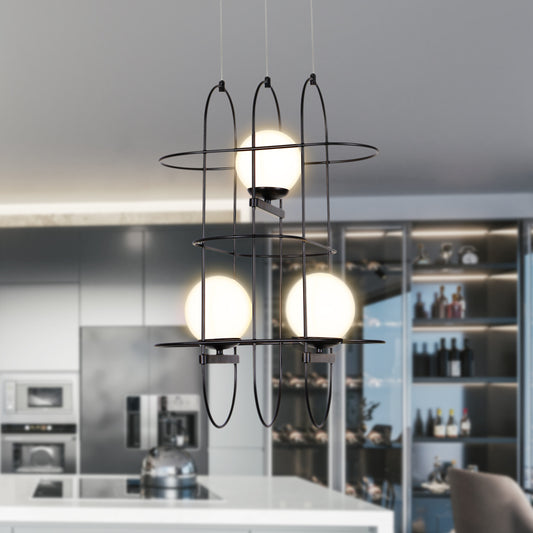 VONN Lighting Lyra 3 -Light Matte Black LED Cage Opal glass Aluminum Chandelier