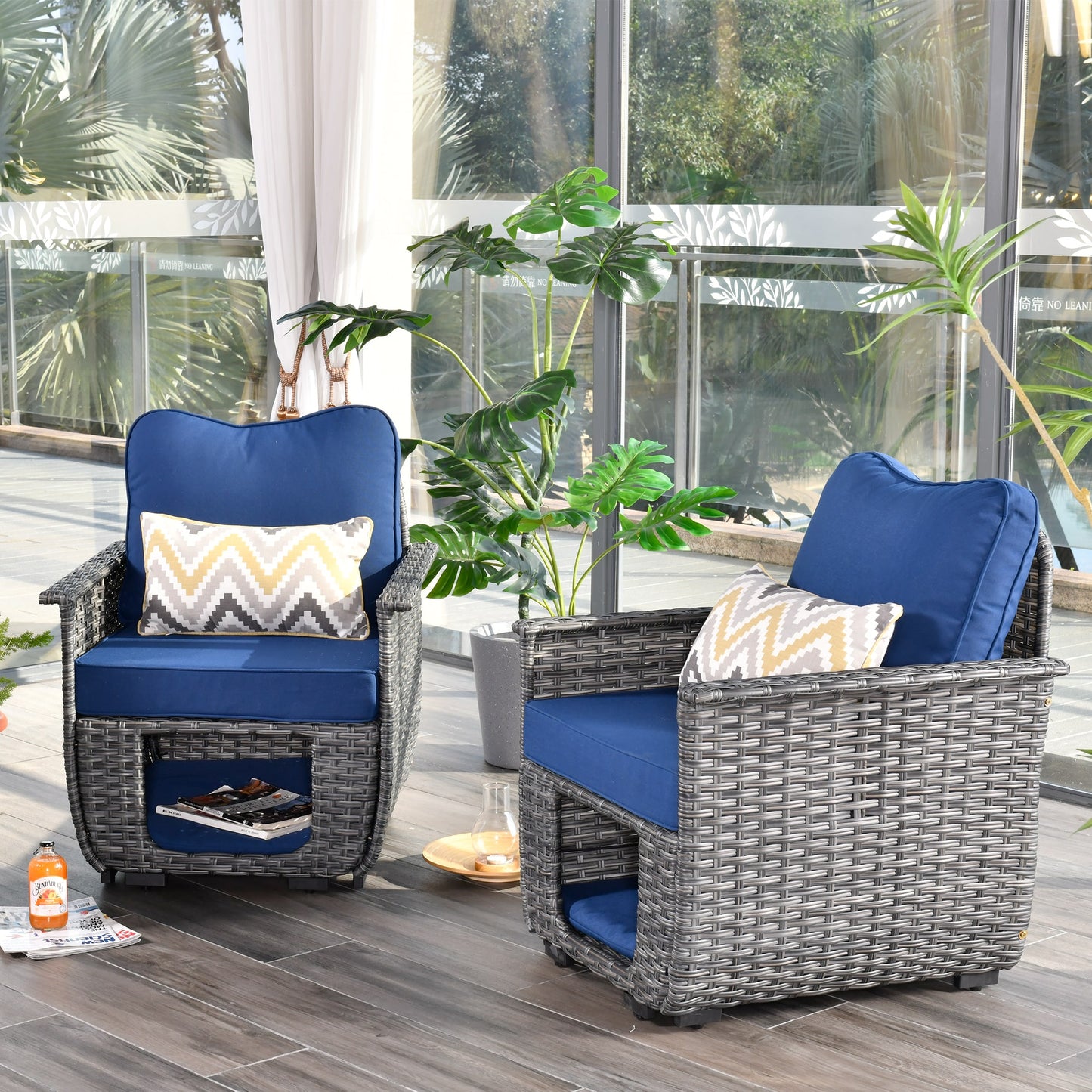 Ovios Nature Set of 2 Rattan Gray Metal Frame Stationary Conversation Chair with Navy Cushioned Seat
