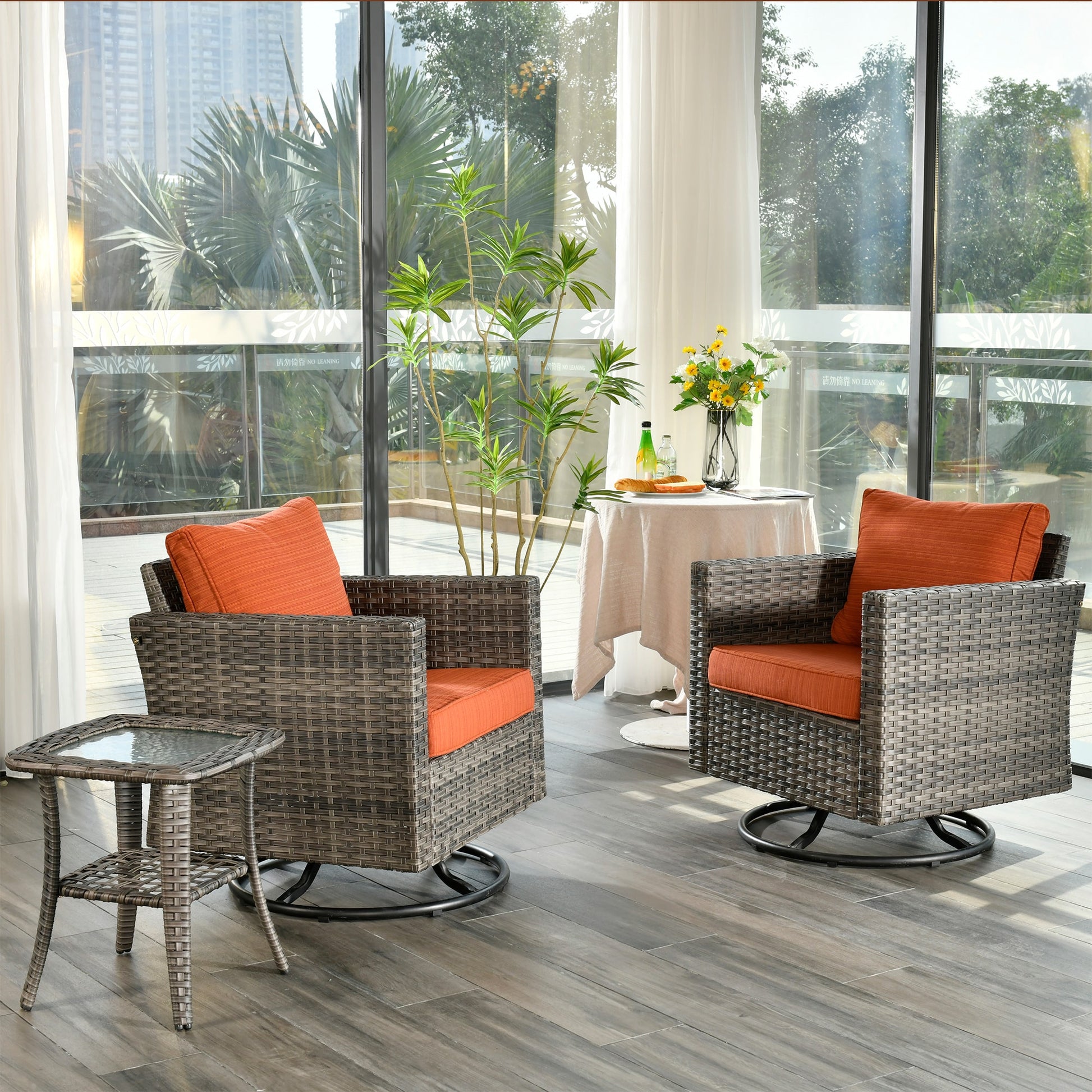 Ovios 3 -Piece Wicker Patio Conversation Set with Orange Cushions