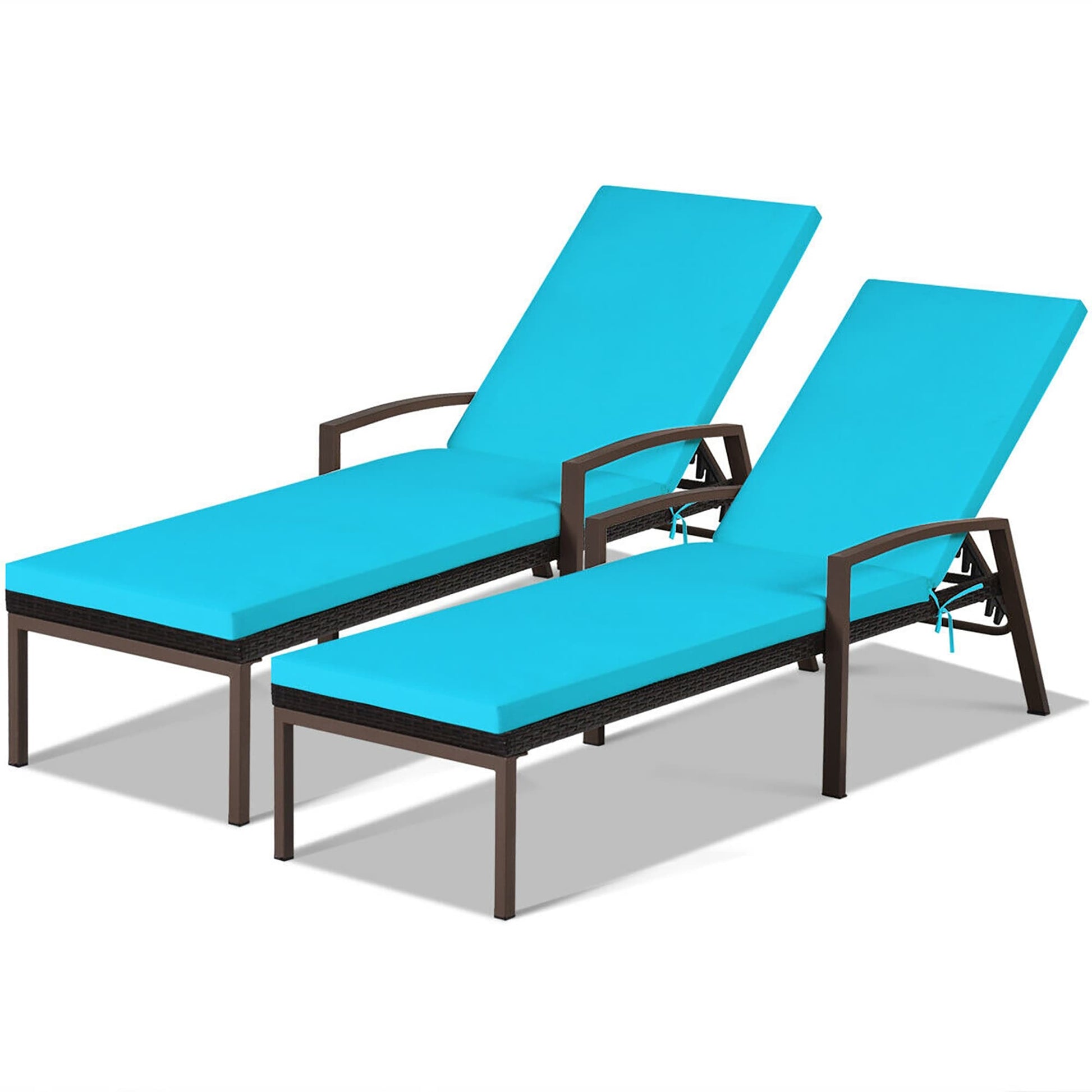 Forclover Set of 2 Rattan Black Steel Frame Stationary Chaise Lounge Chair with Blue Cushioned Seat