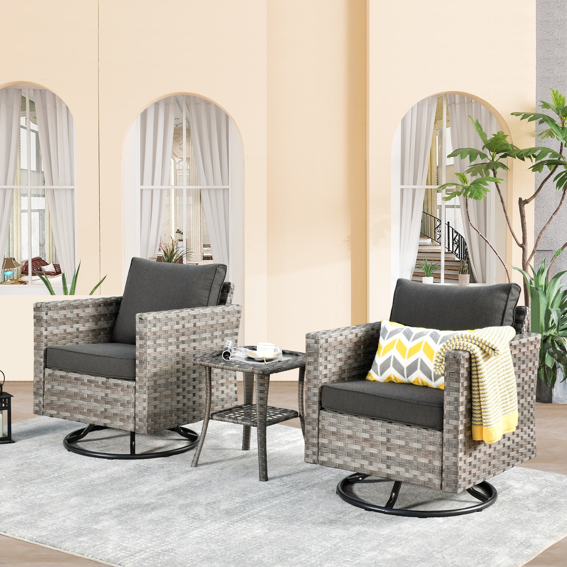 Ovios Shine Set of 2 Rattan Gray Swivel rocker Rocking Chair with Black Cushioned Seat