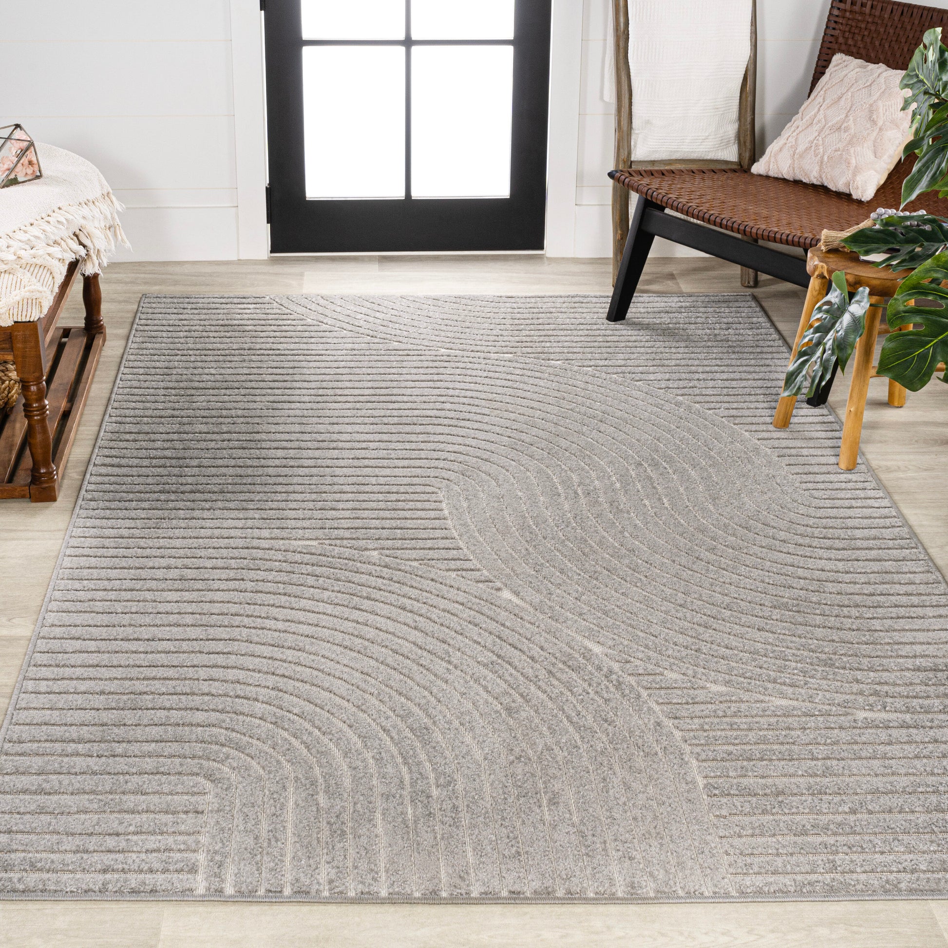 JONATHAN  Y SCANDINAVIAN Hallie High-Low Minimalist Curve 9 x 12 (ft) Loomed Gray/Ivory Rectangular Indoor/Outdoor Geometric Mid-Century Modern Pet Friendly Area rug