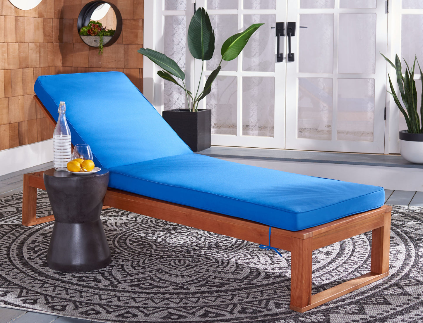 Safavieh Patio Natural Wood Frame Stationary Chaise Lounge Chair with Blue Cushioned Seat