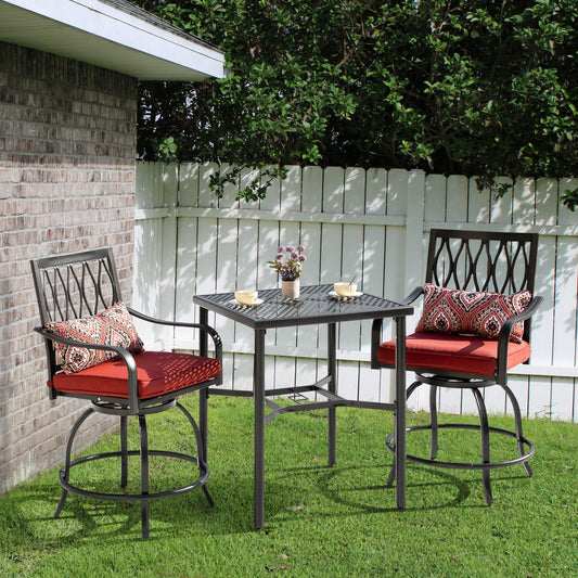 Nuu Garden 5 -Piece Black Bar Height Patio Dining Set Iron Square Table with 2 Red Cushions Swivel Chairs