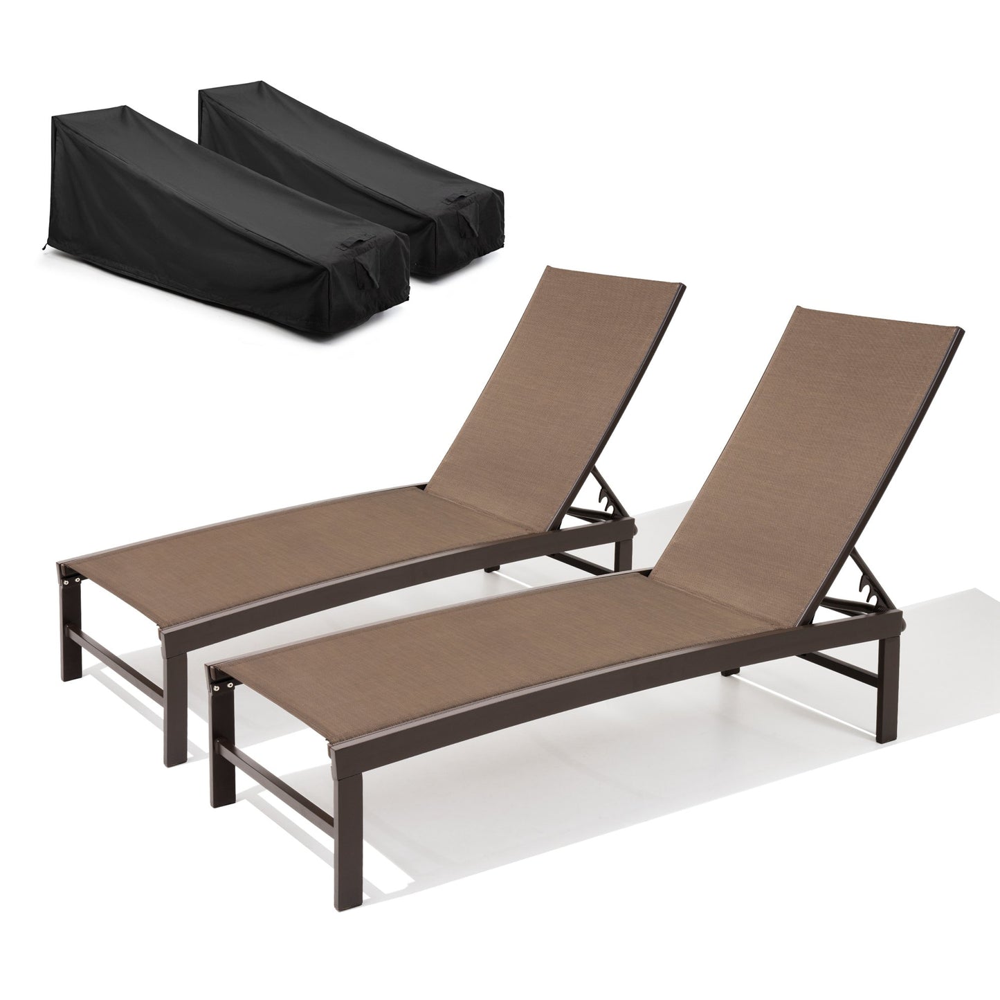 Pellebant Chaise lounge Set of 2 dark brown Aluminum Frame Stationary Chaise Lounge Chair with Brown Mesh Seat