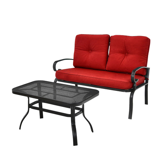 WELLFOR CW Loveseat and Table 2 -Piece Patio Conversation Set with Red Cushions