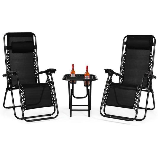 Clihome 3 Pieces Folding Portable Zero Gravity Reclining Lounge Chairs Table Set Set of 2 Black Steel Frame Stationary Beach Chair with Black Mesh Seat