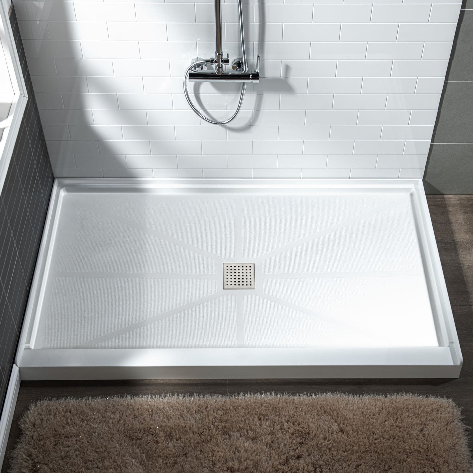 Woodbridge 34-in W x 60-in L Center White with Brushed Nickel Cover Single Threshold Rectangle Shower Pan Base with 2-in H Threshold