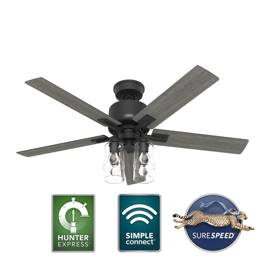 Hunter Techne HunterExpress Easy Install 52-in Smart Matte Black with Wood Look Blades Ceiling Fan With Light - Remote Included ( 5 -Blade ) 5456572