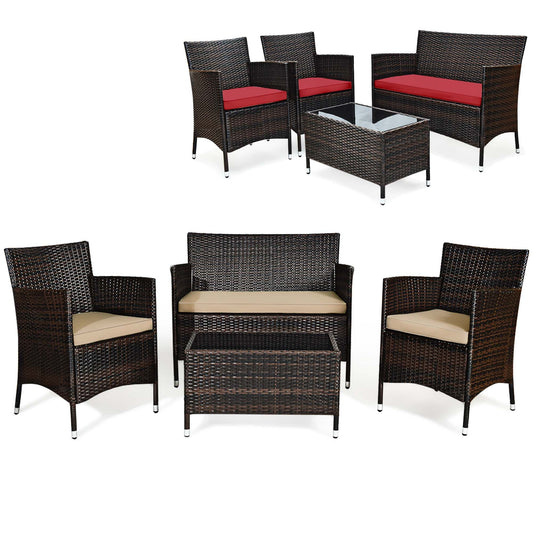 Costway 4 -Piece Rattan 2 Patio Sofa Conversation Set with Red Cushions