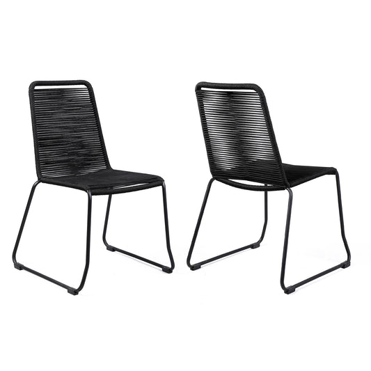 Armen Living Shasta Set of 2 Stackable Black Steel Frame Stationary Dining Chair with Black Woven Seat