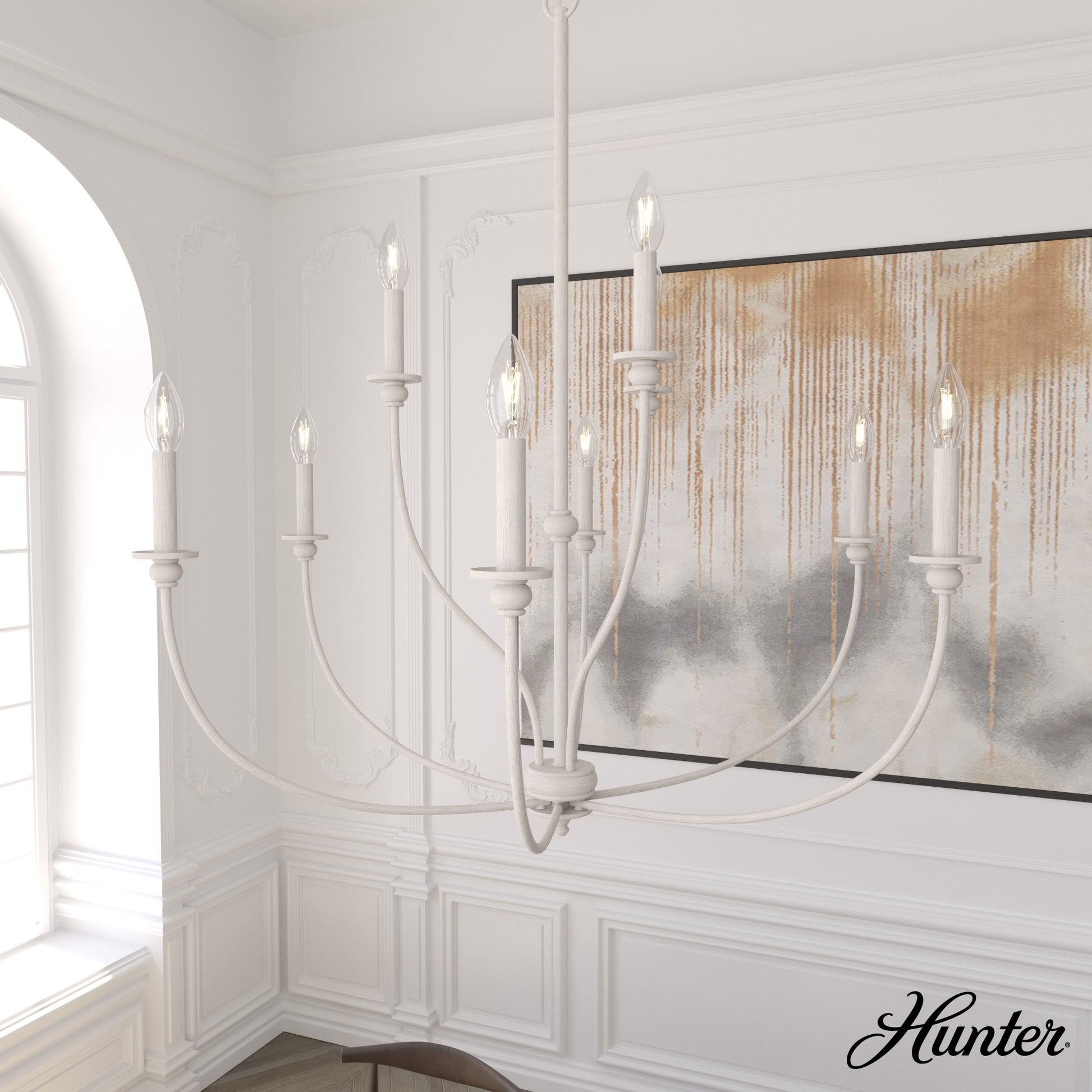 Hunter Southcrest 9 -Light Distressed White Transitional For Use in Bedrooms, Dining Rooms, Foyers, Kitchens, Living Rooms Chandelier 5281586