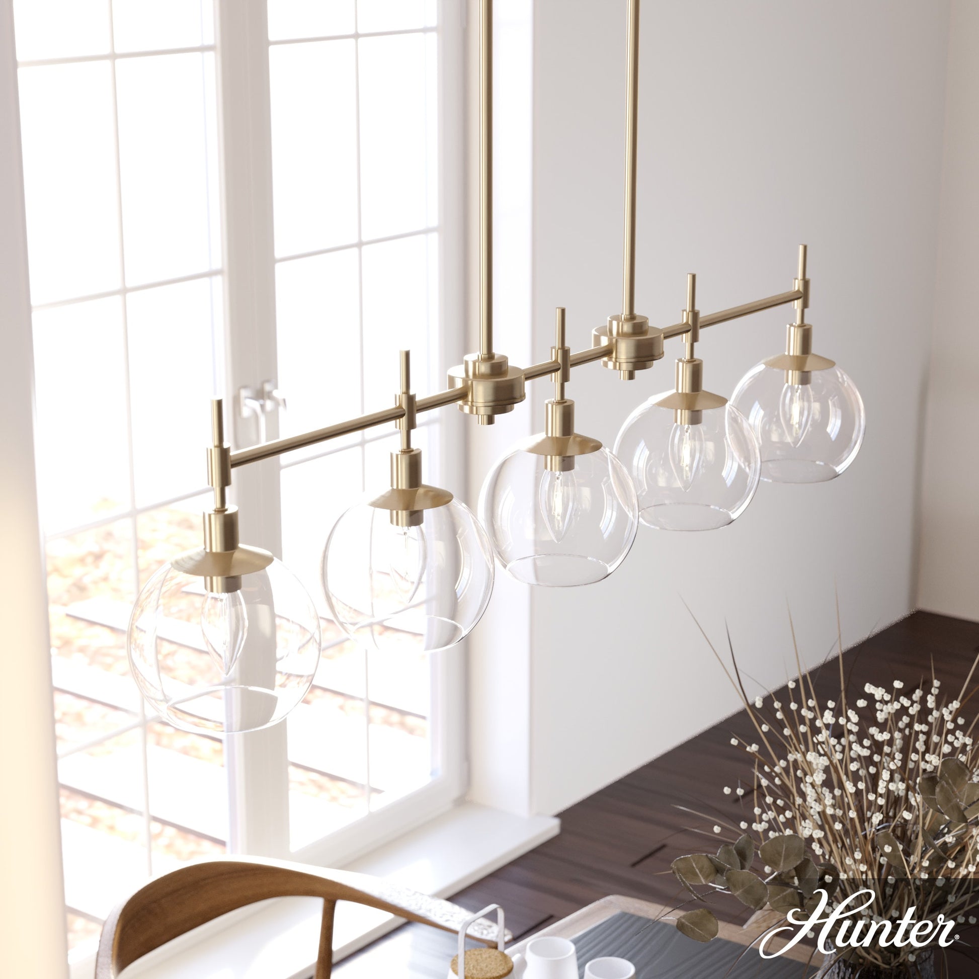 Hunter Xidane 5 -Light Satin Gold Mid-century Crystal For Use in Bedrooms, Dining Rooms, Foyers, Kitchens, Living Rooms Chandelier 5228369